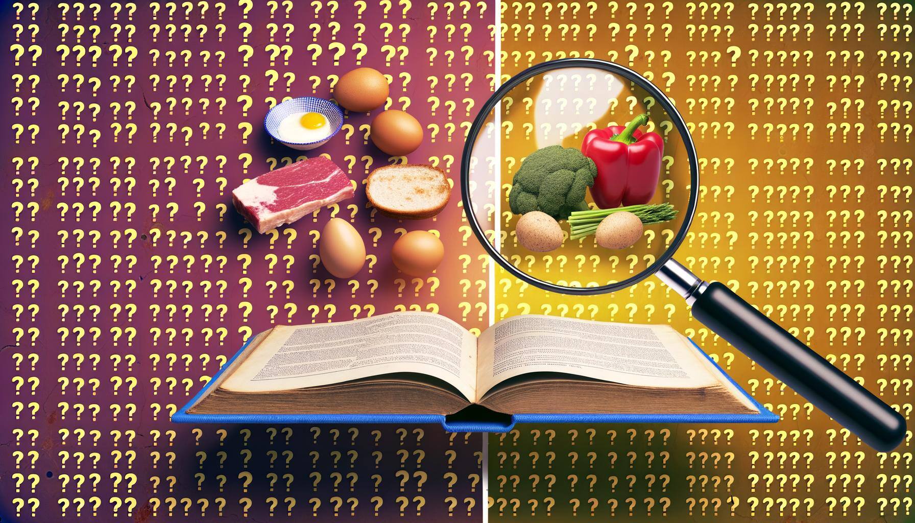 Generate an image illustrating a compilation of two sets of food; on the left, commonly presupposed "unhealthy" foods like butter, eggs, and red meat,